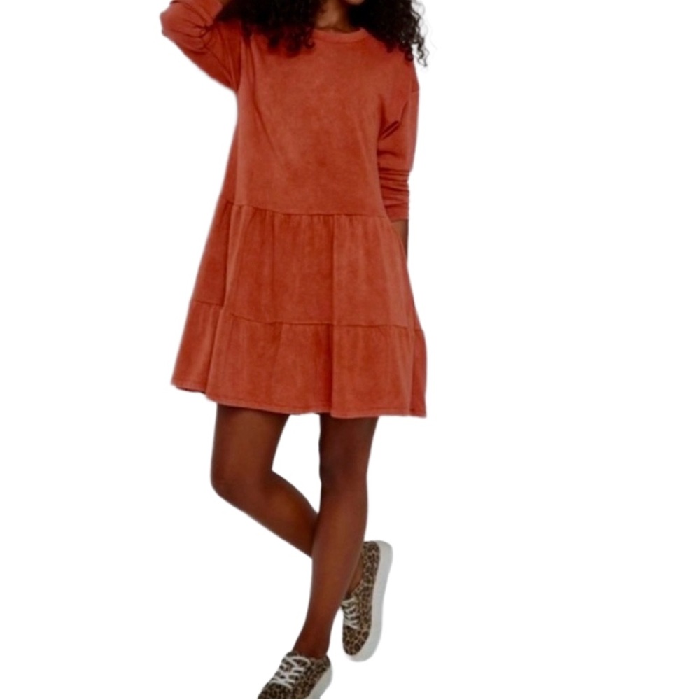 Wild Fable Casual Rust Orange Tiered Mineral Wash‎ Long Sleeve Dress